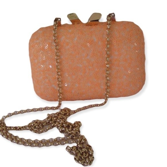 Kotur Bright Orange Sequin Clutch With Chain Handbag - Picture 2 of 10